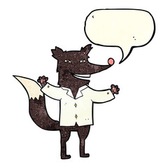 cartoon happy wolf wearing shirt with speech bubble
