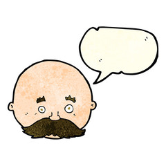 cartoon bald man with mustache with speech bubble