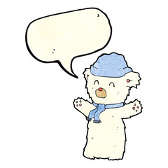 cartoon cute polar bear in hat and scarf with speech bubble