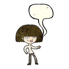 cartoon happy woman pointing with speech bubble