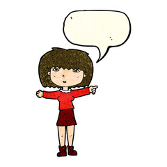 cartoon girl pointing with speech bubble