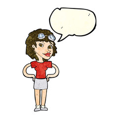 cartoon retro pilot woman with speech bubble