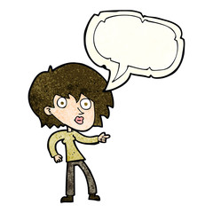 cartoon surprised woman pointing with speech bubble