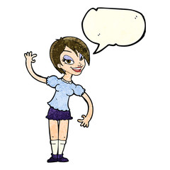 cartoon girl waving with speech bubble