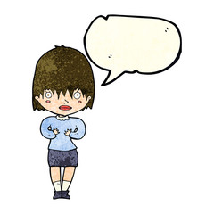 cartoon woman making Who Me? gesture with speech bubble