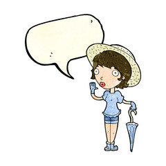 cartoon woman in summer hat waving with speech bubble