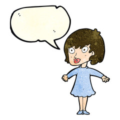 cartoon woman wearing dress with speech bubble