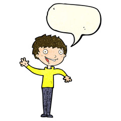 cartoon happy boy waving with speech bubble