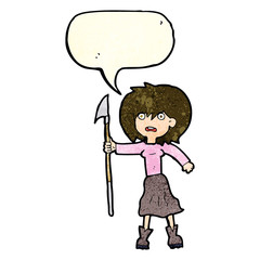 cartoon woman with harpoon with speech bubble