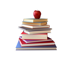 Stacked books with an apple on top on white background