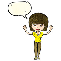 cartoon woman with raised hands with speech bubble