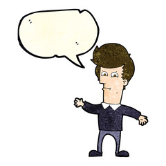 cartoon waving man with speech bubble