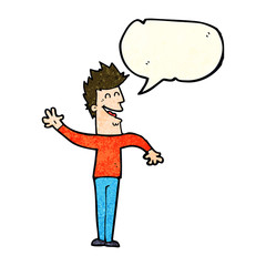 cartoon happy man waving with speech bubble
