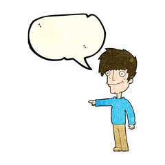 cartoon happy man pointing with speech bubble