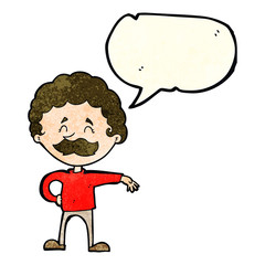 cartoon man making camp gesture with speech bubble