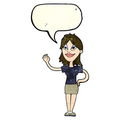 cartoon woman waving with speech bubble