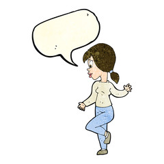 cartoon woman waving with speech bubble