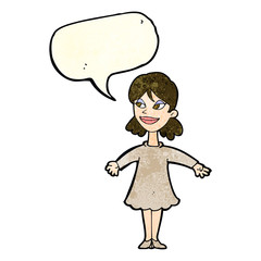 cartoon woman with open arms with speech bubble