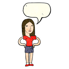 cartoon woman with hands on hips with speech bubble