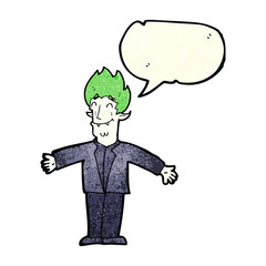 cartoon happy vampire with speech bubble