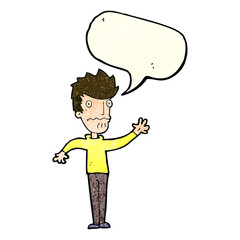 cartoon worried man reaching out with speech bubble