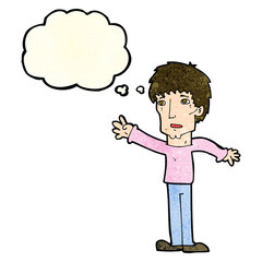cartoon worried man reaching out with speech bubble