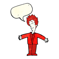cartoon happy vampire with speech bubble