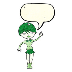 cartoon vampire girl waving with speech bubble