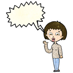 cartoon woman waving with speech bubble