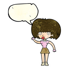 cartoon woman waving with speech bubble