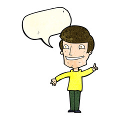cartoon grinning man with idea with speech bubble