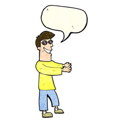 cartoon grinning man wearing glasses with speech bubble