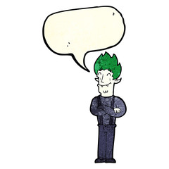 cartoon happy vampire man with speech bubble