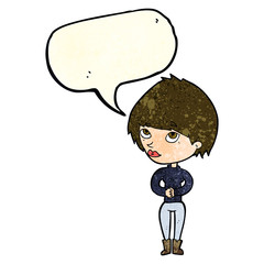 cartoon woman considering with speech bubble