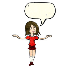 cartoon woman shrugging shoulders with speech bubble