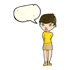 cartoon shy woman with speech bubble