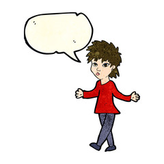 cartoon woman shrugging shoulders with speech bubble