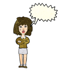 cartoon tough woman with folded arms with speech bubble