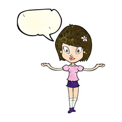cartoon woman making balancing gesture with speech bubble