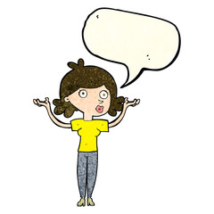 cartoon woman throwing arms in air with speech bubble