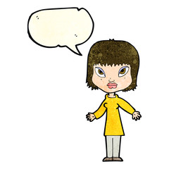 cartoon woman with open arms with speech bubble