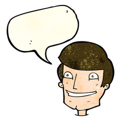 cartoon grinning man with speech bubble