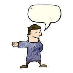 cartoon man gesturing direction with speech bubble