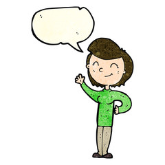 cartoon friendly waving woman with speech bubble
