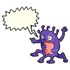 cartoon weird little alien with speech bubble