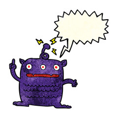 cartoon weird little alien with speech bubble