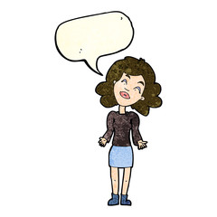 cartoon woman shrugging shoulders with speech bubble