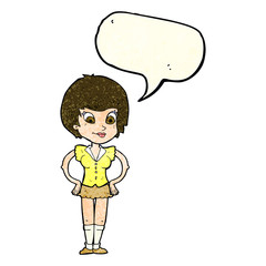 cartoon pretty woman with hands on hips with speech bubble