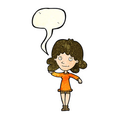 cartoon friendly woman waving with speech bubble