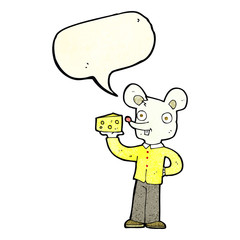 cartoon mouse holding cheese with speech bubble